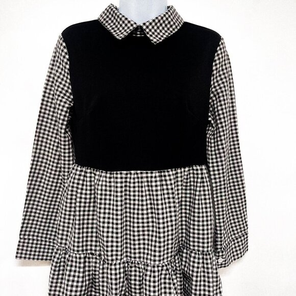 Gingham Plaid Collared Ruffle Shirt Dress Long Sleeve Black White Small 4 - Picture 4 of 8